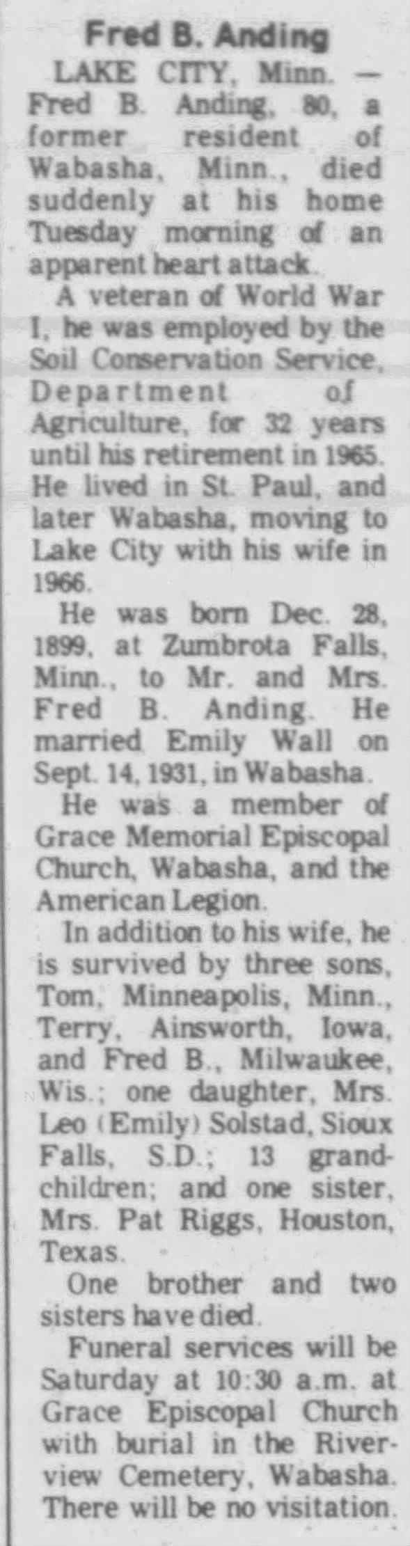 Obituary for Fred B. Anding (Aged 80)